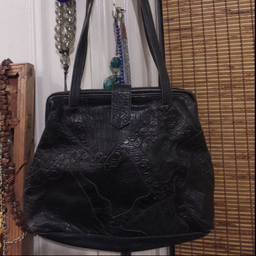 80s Black Reptile Leather Patchwork Satchel Shoulder Bag - Picture 2 of 8